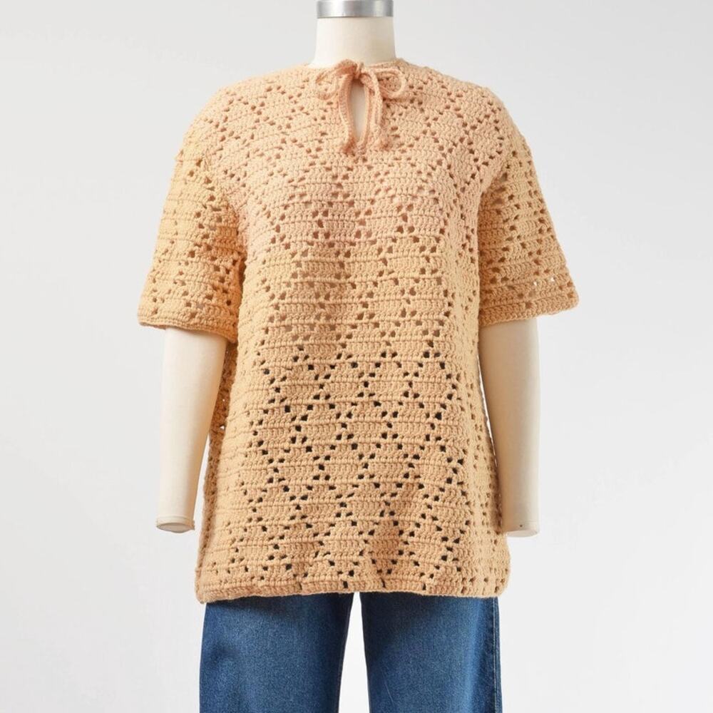 Vintage 70s Apricot Hand Knit Sheer Crochet Boho Hippie Sweater Top M